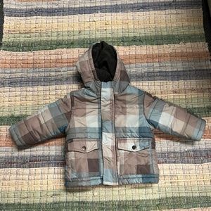 Carter’s size 18 mo. Hooded jacket.  Pale blue and beige plaid coat.